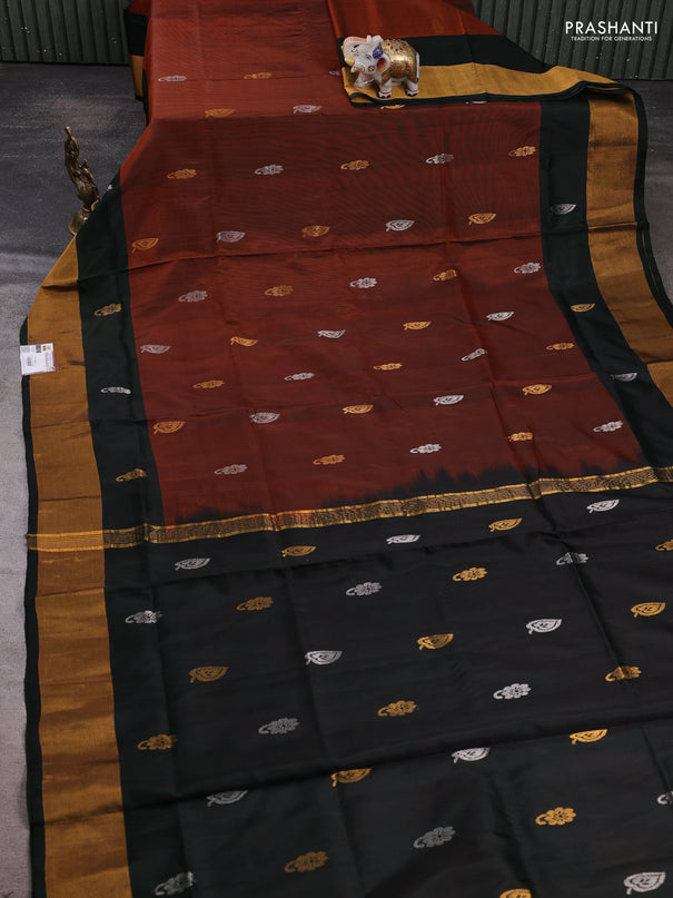 Pure uppada silk saree rustic orange and bottle green with allover silver & zari woven buttas and zari woven border