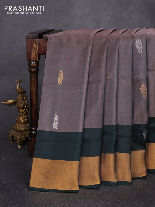 Pure uppada silk saree brown and bottle green with allover silver & zari woven buttas and zari woven border