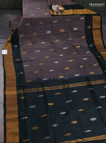 Pure uppada silk saree brown and bottle green with allover silver & zari woven buttas and zari woven border