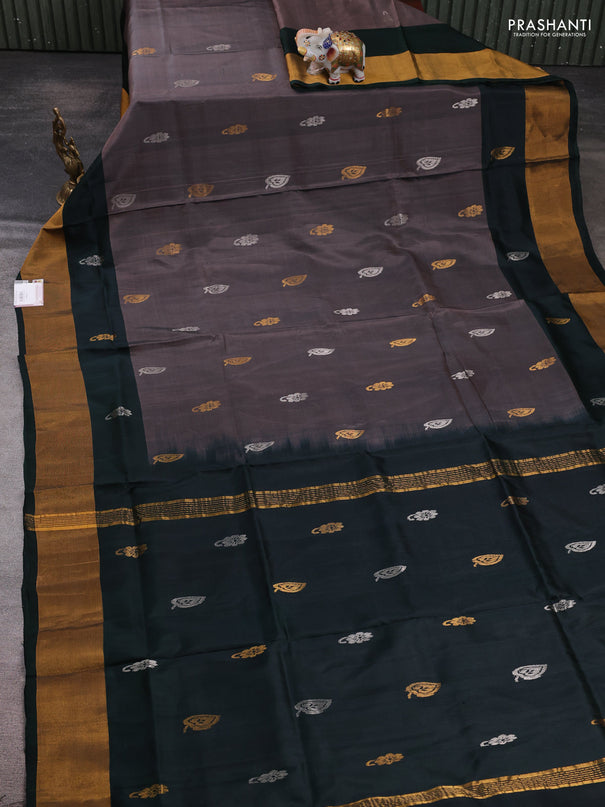 Pure uppada silk saree brown and bottle green with allover silver & zari woven buttas and zari woven border