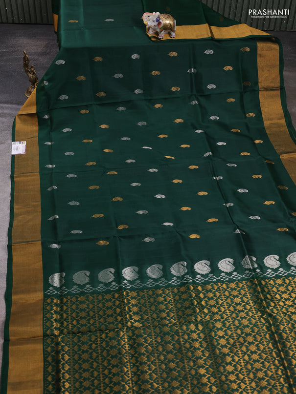 Pure uppada silk saree bottle green with allover silver & zari woven buttas and zari woven border