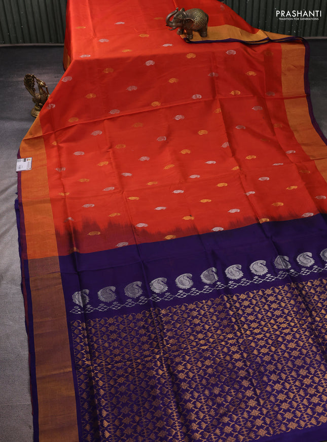 Pure uppada silk saree rust shade and navy blue with allover silver & zari woven buttas and zari woven border