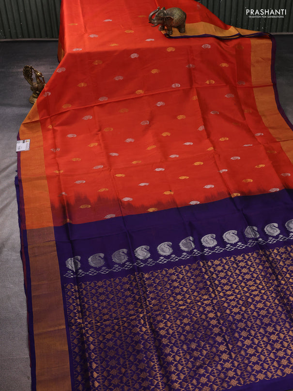 Pure uppada silk saree rust shade and navy blue with allover silver & zari woven buttas and zari woven border