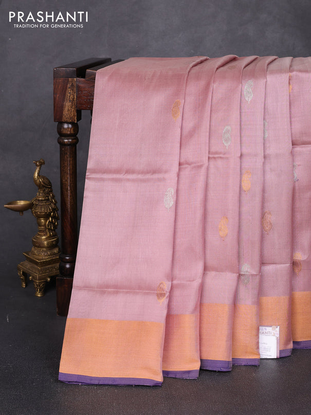 Pure uppada silk saree mauve pink and navy blue with allover silver & zari woven buttas and zari woven border