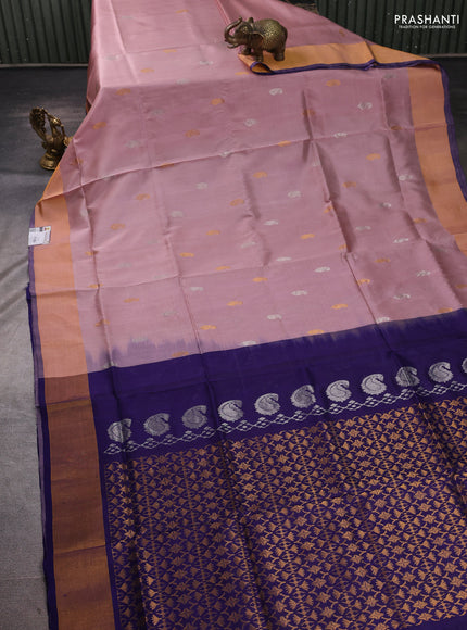 Pure uppada silk saree mauve pink and navy blue with allover silver & zari woven buttas and zari woven border