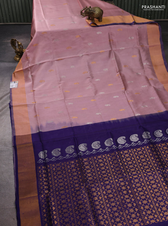 Pure uppada silk saree mauve pink and navy blue with allover silver & zari woven buttas and zari woven border
