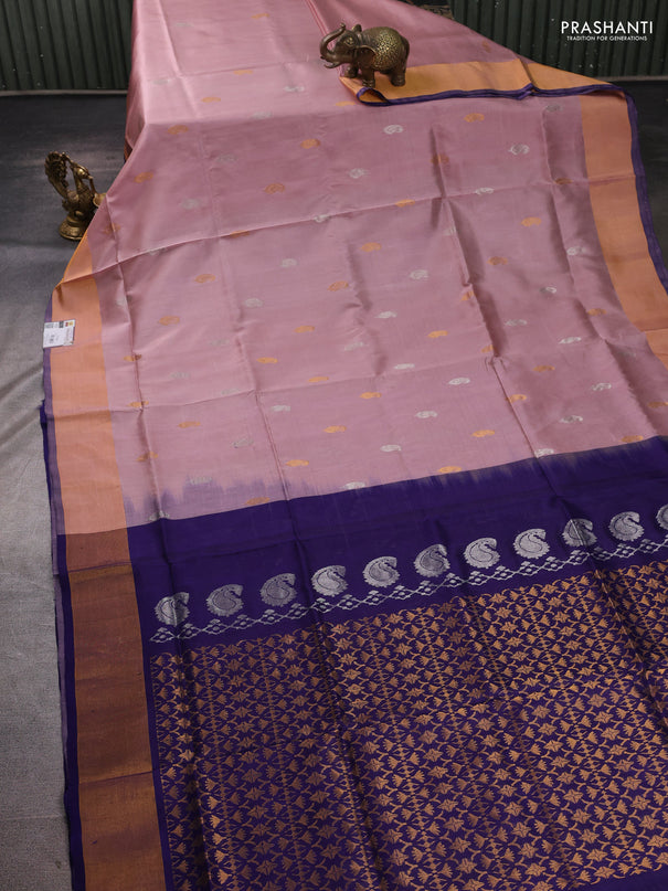 Pure uppada silk saree mauve pink and navy blue with allover silver & zari woven buttas and zari woven border