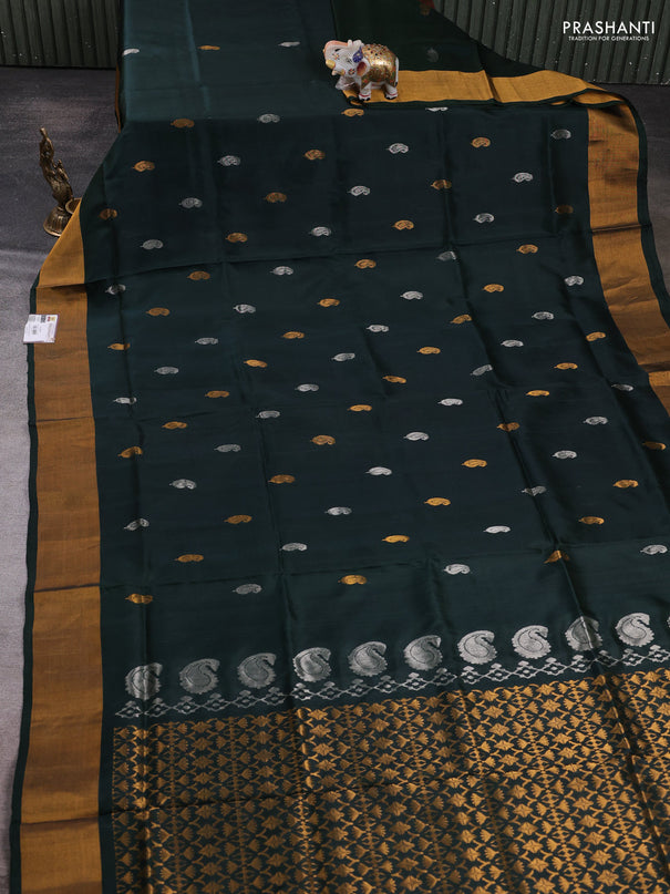 Pure uppada silk saree bottle green with allover silver & zari woven buttas and zari woven border