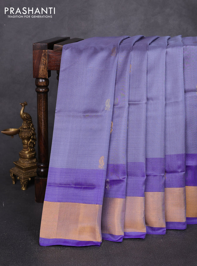 Pure uppada silk saree bluish grey and royal blue with allover silver & zari woven buttas and zari woven border