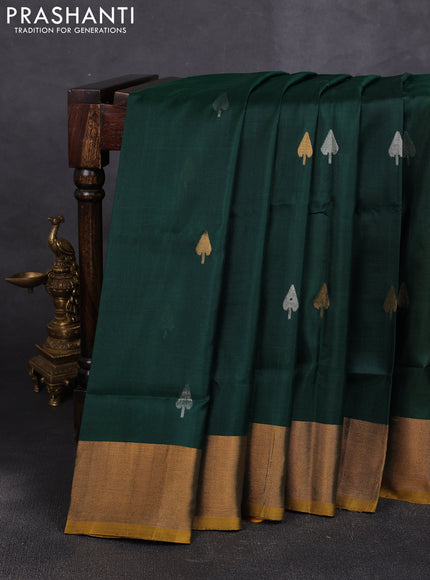 Pure uppada silk saree bottle green and mustard yellow with allover silver & zari woven buttas and jamdhani weaving pallu
