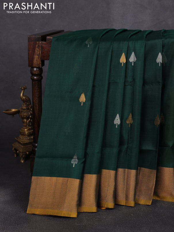 Pure uppada silk saree bottle green and mustard yellow with allover silver & zari woven buttas and jamdhani weaving pallu