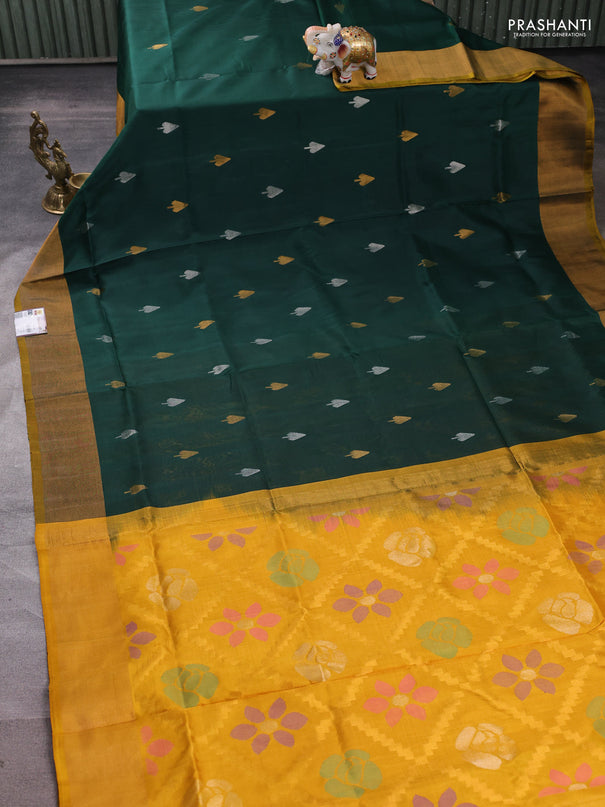 Pure uppada silk saree bottle green and mustard yellow with allover silver & zari woven buttas and jamdhani weaving pallu