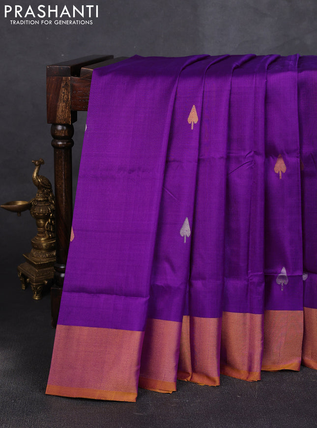 Pure uppada silk saree purple and mustard yellow with allover silver & zari woven buttas and jamdhani weaving pallu