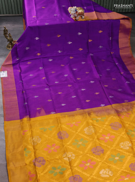Pure uppada silk saree purple and mustard yellow with allover silver & zari woven buttas and jamdhani weaving pallu