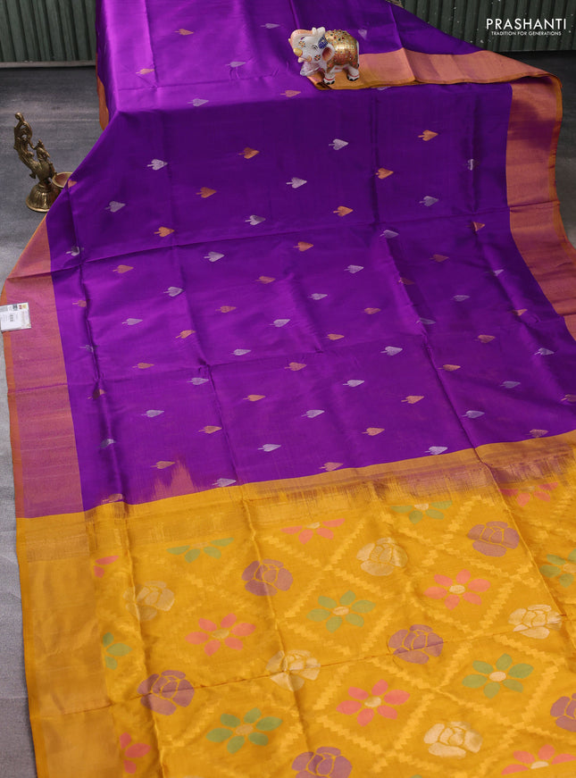 Pure uppada silk saree purple and mustard yellow with allover silver & zari woven buttas and jamdhani weaving pallu