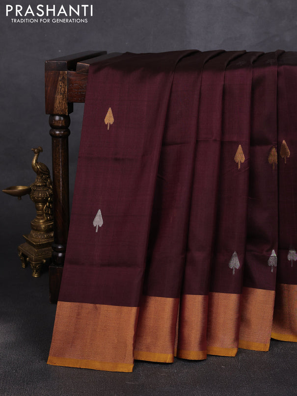 Pure uppada silk saree deep maroon and mustard yellow with allover silver & zari woven buttas and jamdhani weaving pallu