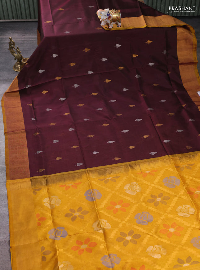 Pure uppada silk saree deep maroon and mustard yellow with allover silver & zari woven buttas and jamdhani weaving pallu
