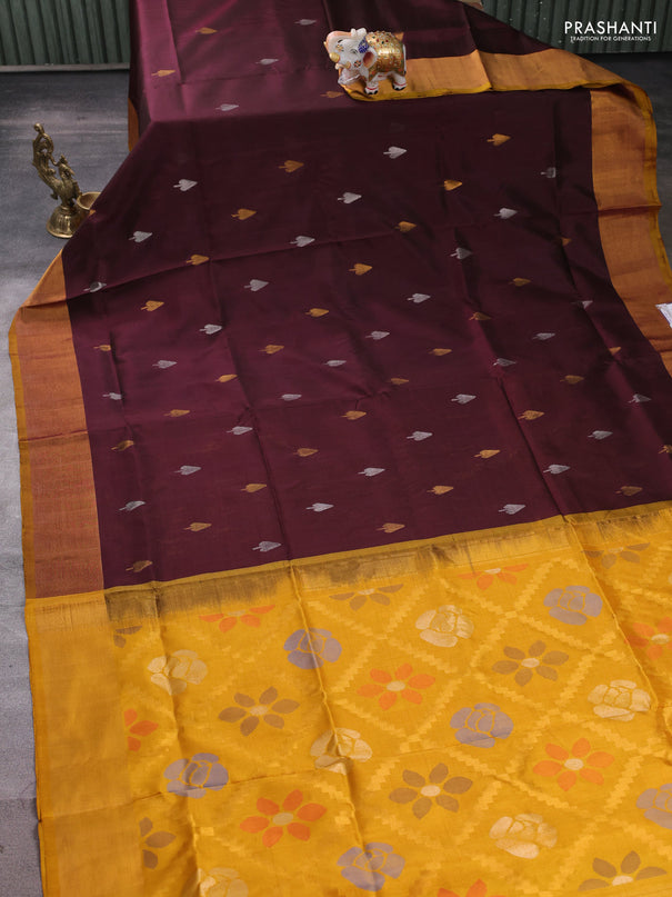 Pure uppada silk saree deep maroon and mustard yellow with allover silver & zari woven buttas and jamdhani weaving pallu