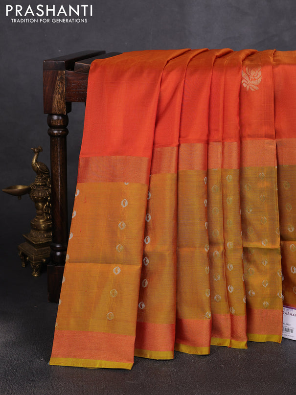 Pure uppada silk saree orange and mustard green with allover silver zari woven buttas and zari woven border