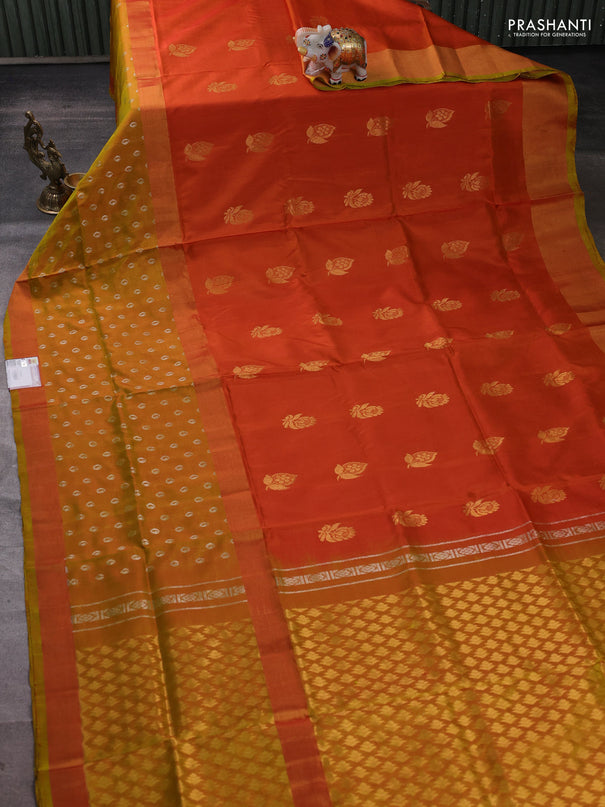 Pure uppada silk saree orange and mustard green with allover silver zari woven buttas and zari woven border