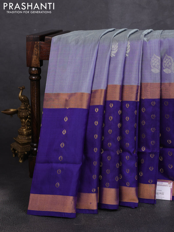 Pure uppada silk saree bluish grey and navy blue with allover silver zari woven buttas and zari woven border