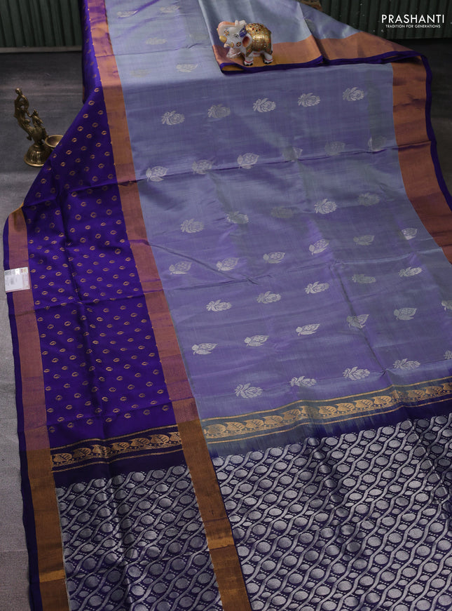 Pure uppada silk saree bluish grey and navy blue with allover silver zari woven buttas and zari woven border
