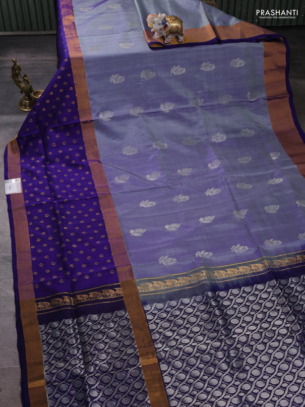 Pure uppada silk saree bluish grey and navy blue with allover silver zari woven buttas and zari woven border