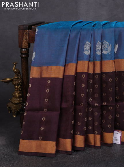 Pure uppada silk saree peacock green and coffee brown with allover silver zari woven buttas and zari woven border
