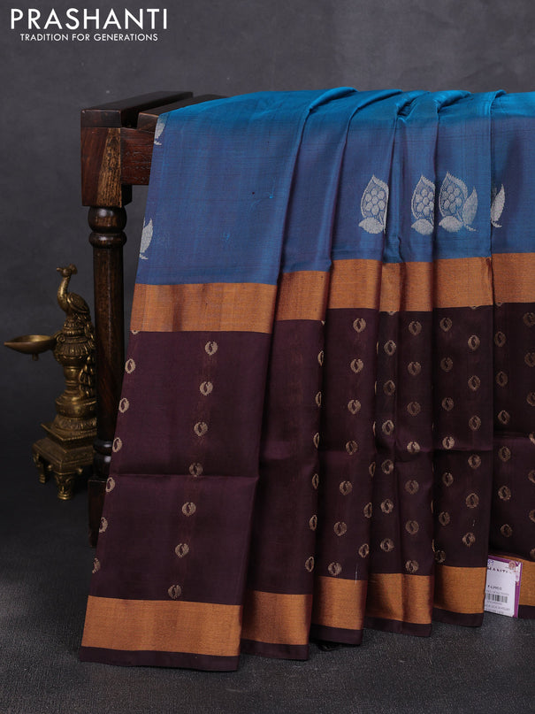 Pure uppada silk saree peacock green and coffee brown with allover silver zari woven buttas and zari woven border