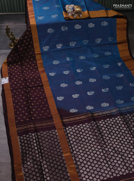 Pure uppada silk saree peacock green and coffee brown with allover silver zari woven buttas and zari woven border