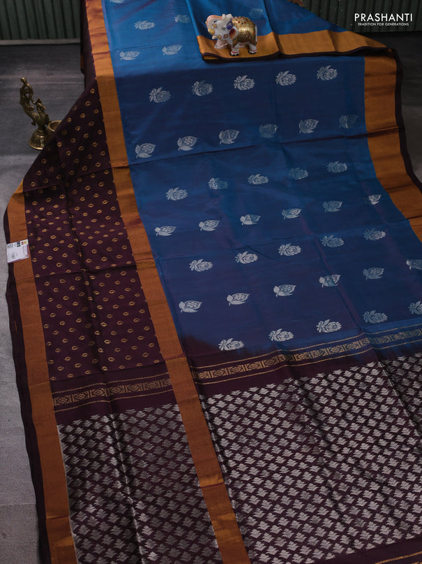 Pure uppada silk saree peacock green and coffee brown with allover silver zari woven buttas and zari woven border
