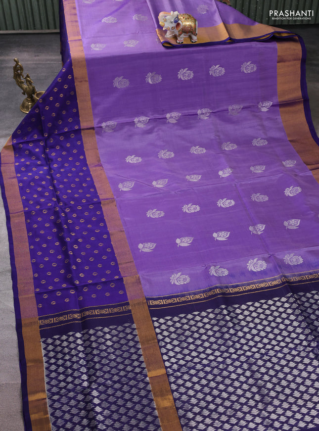 Pure uppada silk saree lavender and navy blue with allover silver zari woven buttas and zari woven border