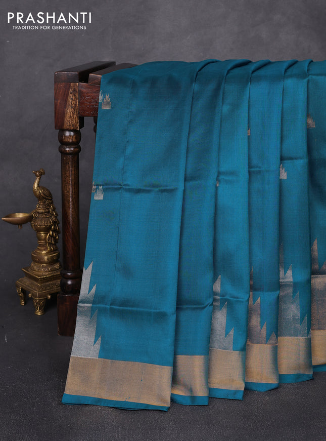 Pure uppada silk saree peacock blue with allover silver & zari woven buttas and temple zari woven border