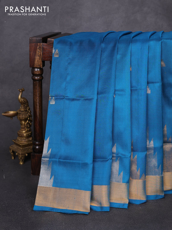 Pure uppada silk saree peacock blue with allover silver & zari woven buttas and temple zari woven border