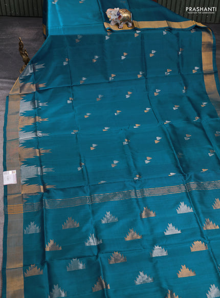 Pure uppada silk saree peacock blue with allover silver & zari woven buttas and temple zari woven border