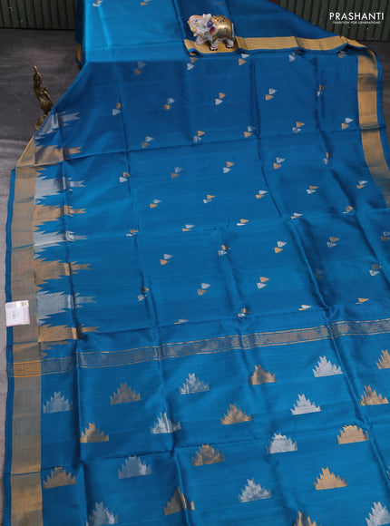 Pure uppada silk saree peacock blue with allover silver & zari woven buttas and temple zari woven border