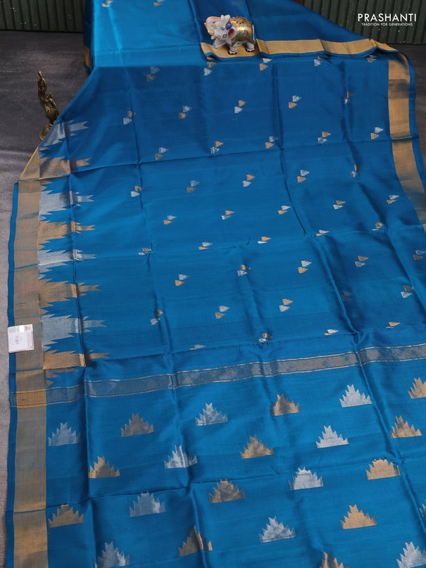 Pure uppada silk saree peacock blue with allover silver & zari woven buttas and temple zari woven border