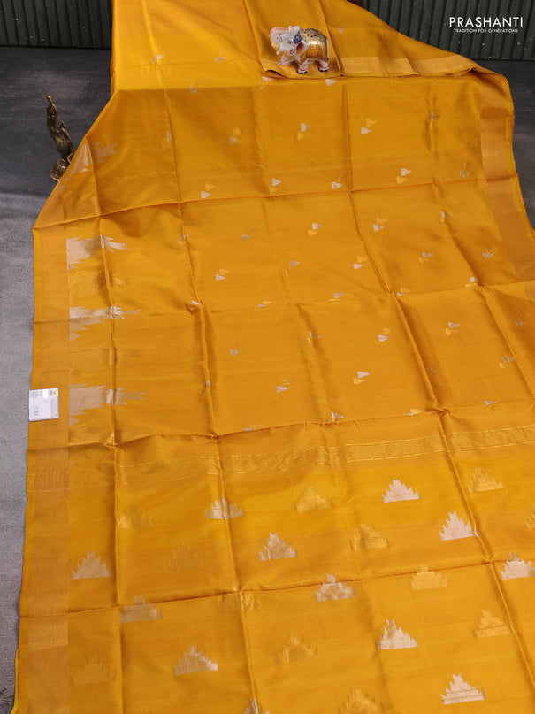 Pure uppada silk saree mustard yellow with allover silver & zari woven buttas and temple zari woven border