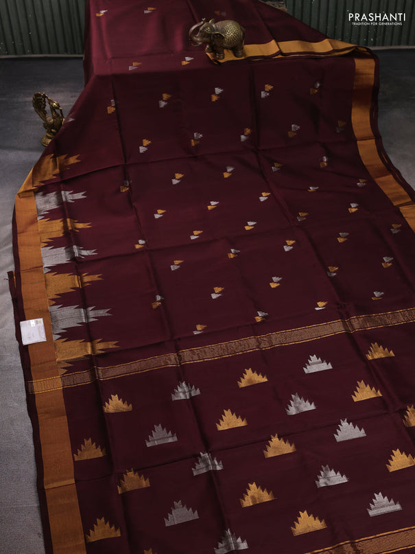 Pure uppada silk saree coffee brown with allover silver & zari woven buttas and temple zari woven border