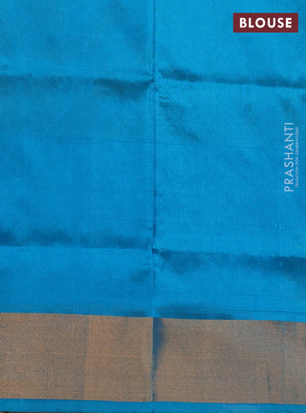 Pure uppada silk saree dual shade of greenish yellow and teal blue with allover silver & zari woven buttas and peacock zari woven butta border