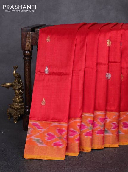 Pure uppada silk saree red and mustard yellow with allover silver & zari woven buttas and ikat zari woven border