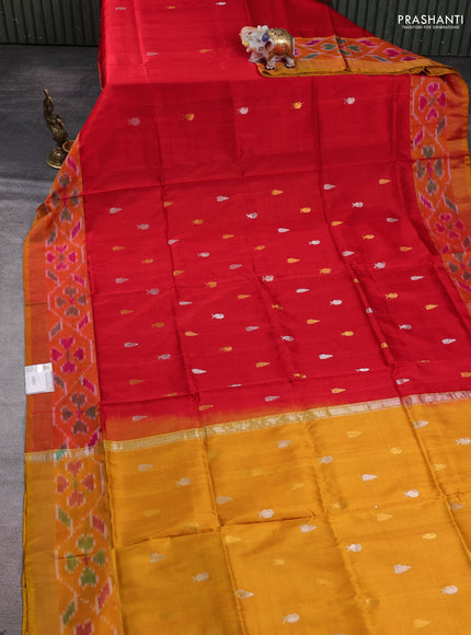 Pure uppada silk saree red and mustard yellow with allover silver & zari woven buttas and ikat zari woven border