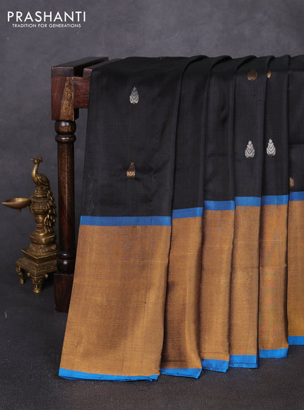 Pure uppada silk saree black and cs blue with allover silver & zari woven buttas and long zari woven border