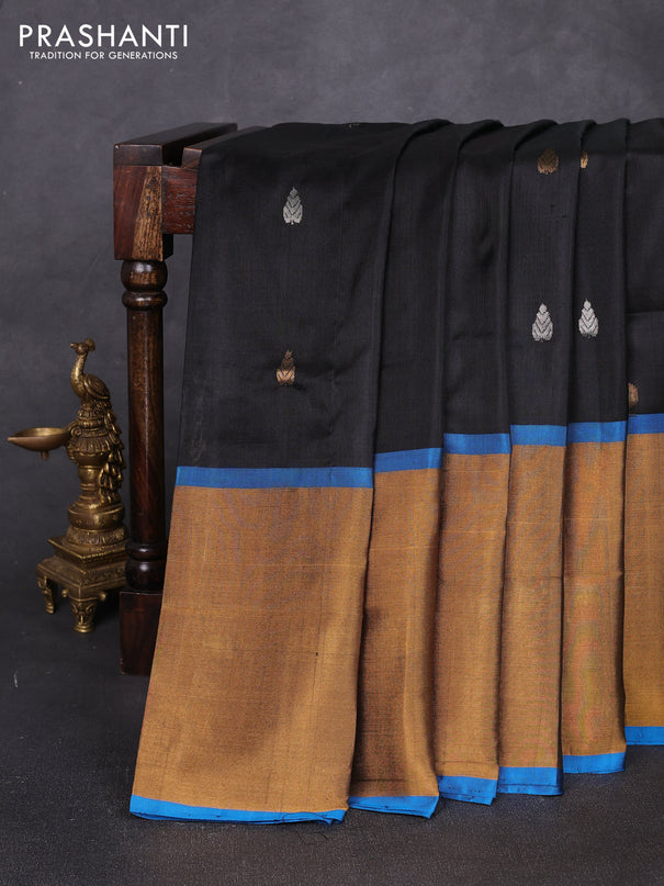 Pure uppada silk saree black and cs blue with allover silver & zari woven buttas and long zari woven border