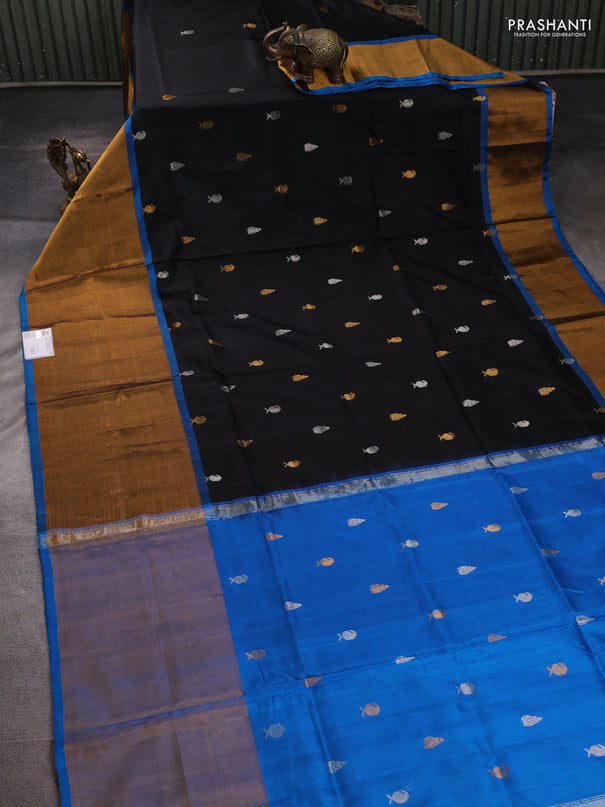 Pure uppada silk saree black and cs blue with allover silver & zari woven buttas and long zari woven border