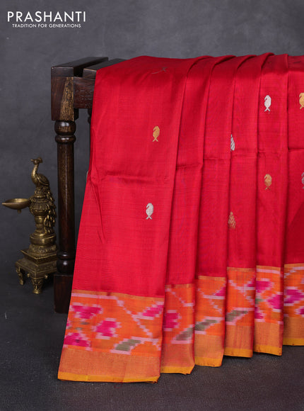 Pure uppada silk saree mustard yellow and red with allover silver & zari woven buttas and ikat zari woven border