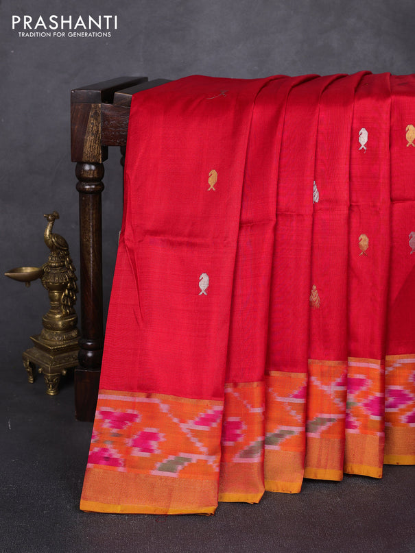Pure uppada silk saree mustard yellow and red with allover silver & zari woven buttas and ikat zari woven border