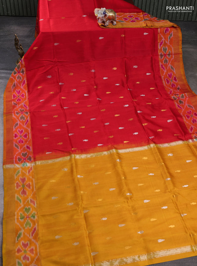 Pure uppada silk saree mustard yellow and red with allover silver & zari woven buttas and ikat zari woven border