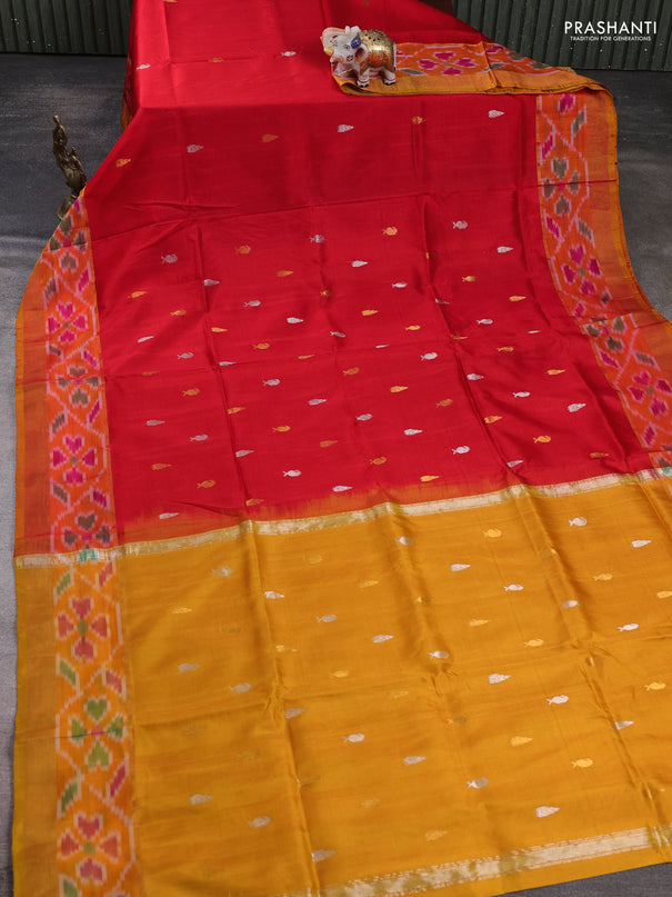 Pure uppada silk saree mustard yellow and red with allover silver & zari woven buttas and ikat zari woven border