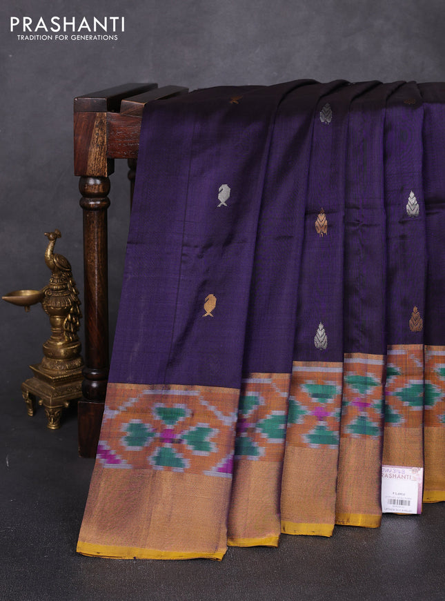 Pure uppada silk saree violet and mustard yellow with allover silver & zari woven buttas and ikat zari woven border